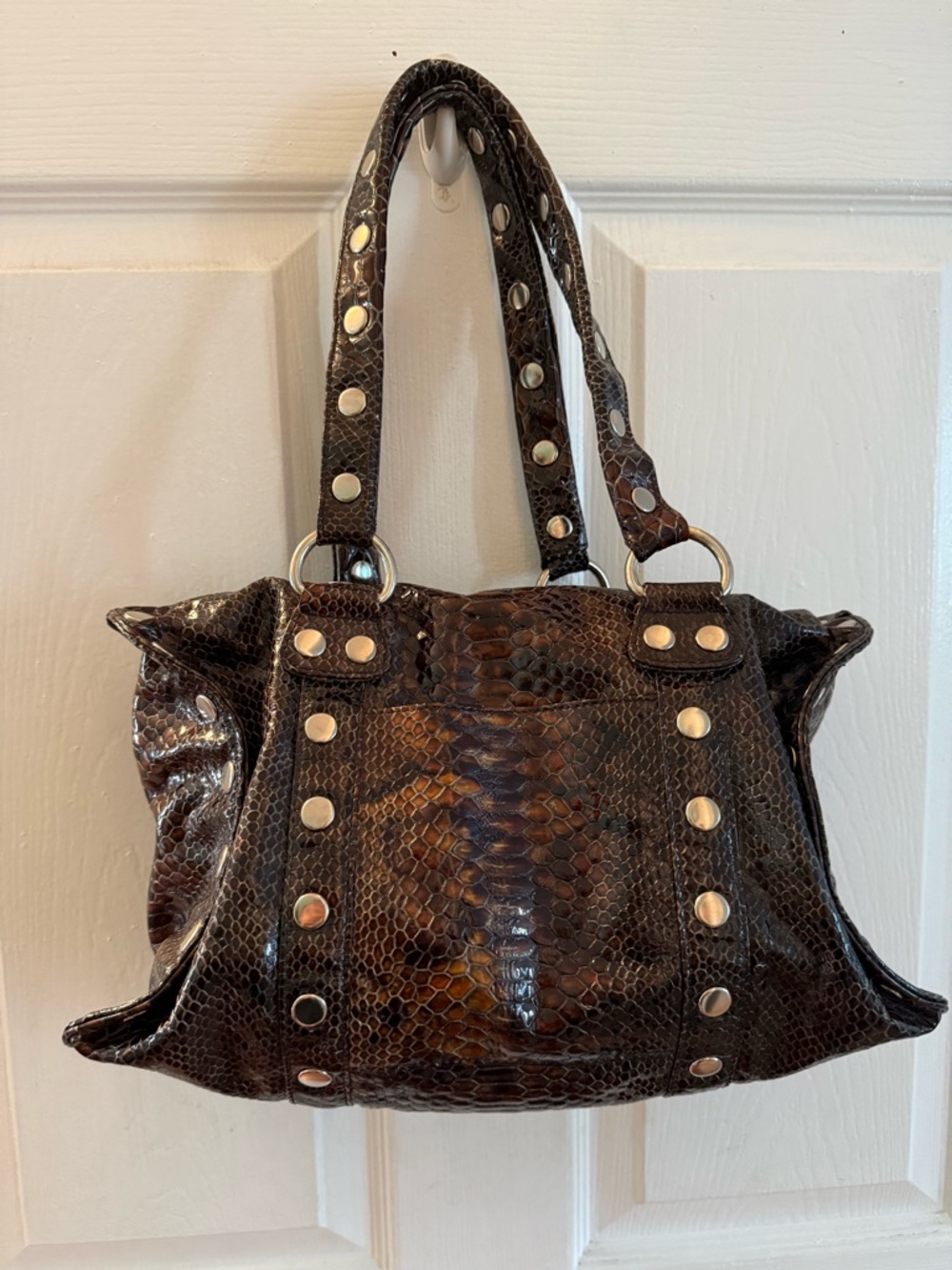 Hammitt Leather Studded Handbag – Brown Snakeskin Embossed - Picture 5 of 16
